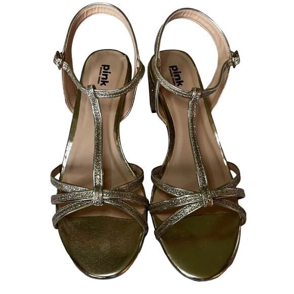 Paradox London PINK Collab “Sadie” GOLD Glitter Sandals 9.5 Glam Formal 9.5 - Picture 1 of 6